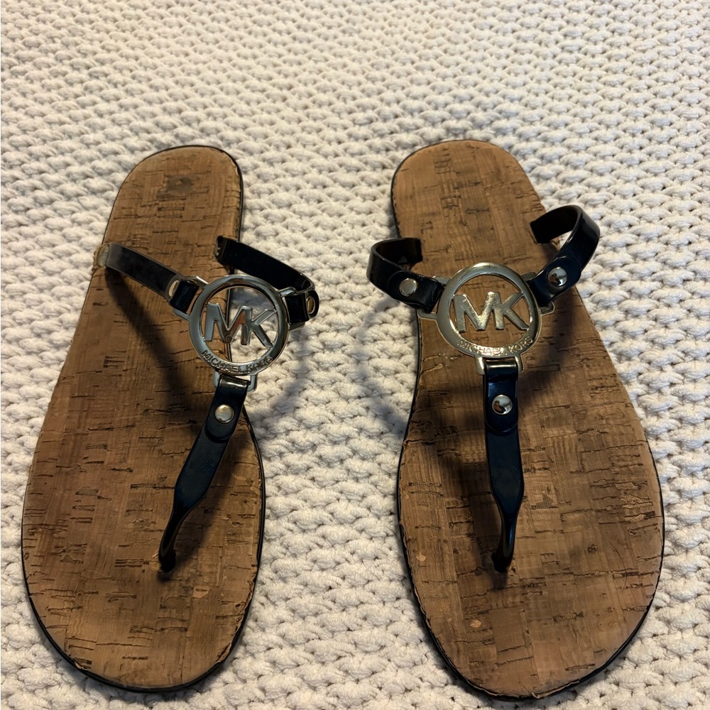 Michael Kors Black and Gold Logo Cork Thong Sandals